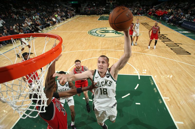 MILWAUKEE, WI - OCTOBER 14: Anzejs Pasecniks #18 of the Milwaukee Bucks shoots the ball during the game against the Chicago Bulls on October 14, 2024 at Fiserv Forum Center in Milwaukee, Wisconsin. NOTE TO USER: User expressly acknowledges and agrees that, by downloading and or using this Photograph, user is consenting to the terms and conditions of the Getty Images License Agreement. Mandatory Copyright Notice: Copyright 2024 NBAE (Photo by Gary Dineen/NBAE via Getty Images).