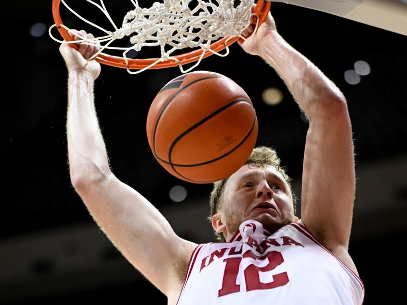Mar 4, 2026; Bloomington, Indiana, USA; Indiana Hoosiers forward Tucker DeVries (12) dunks the ball against the Minnesota Golden Gophers during the first half at Simon Skjodt Assembly Hall. Mandatory Credit: Robert Goddin-Imagn Images