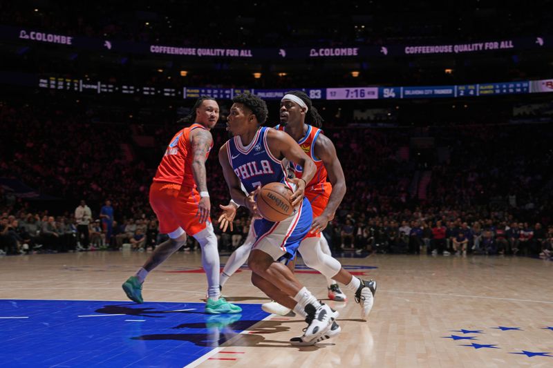 PHILADELPHIA, PA - APRIL 2: Kyle Lowry #7 of the Philadelphia 76ers drives to the basket during the game against the Oklahoma City Thunder on April 2, 2024 at the Wells Fargo Center in Philadelphia, Pennsylvania NOTE TO USER: User expressly acknowledges and agrees that, by downloading and/or using this Photograph, user is consenting to the terms and conditions of the Getty Images License Agreement. Mandatory Copyright Notice: Copyright 2024 NBAE (Photo by Jesse D. Garrabrant/NBAE via Getty Images)