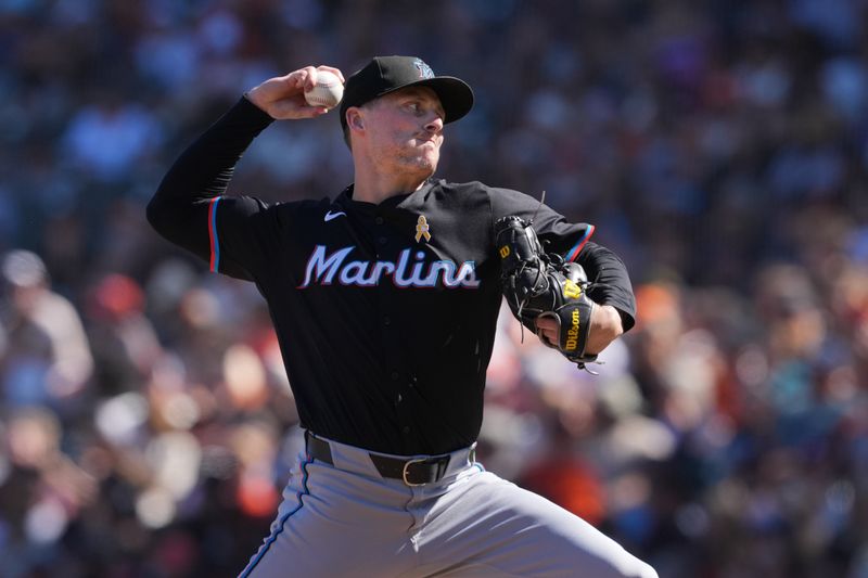 Sep 1, 2024; San Francisco, California, USA; Miami Marlins relief pitcher Calvin Faucher (53) throws a pitch against the San Francisco Giants during the ninth inning at Oracle Park. Mandatory Credit: Darren Yamashita-USA TODAY Sports
