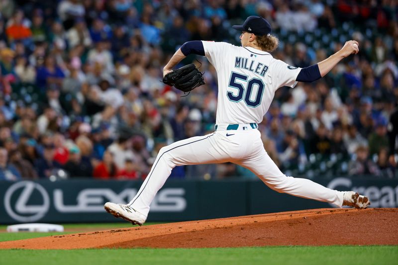 May 31, 2025; Seattle, Washington, USA; Seattle Mariners starting pitcher Bryce Miller (50) throws against the Minnesota Twins during the first inning at T-Mobile Park. Mandatory Credit: Joe Nicholson-Imagn Images
