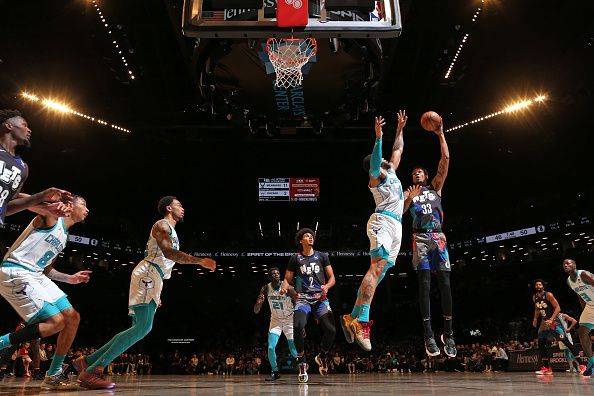 BROOKLYN, NY - NOVEMBER 30: Nicolas Claxton #33 of the Brooklyn Nets shoots the ball during the game against the Charlotte Hornets on November 30, 2023 at Barclays Center in Brooklyn, New York. NOTE TO USER: User expressly acknowledges and agrees that, by downloading and or using this Photograph, user is consenting to the terms and conditions of the Getty Images License Agreement. Mandatory Copyright Notice: Copyright 2023 NBAE (Photo by Nathaniel S. Butler/NBAE via Getty Images)