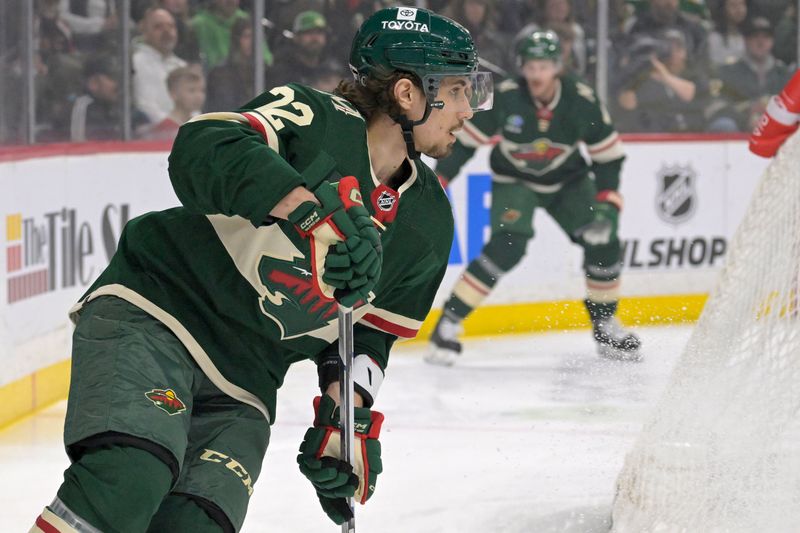 Mar 14, 2024; Saint Paul, Minnesota, USA; Minnesota Wild forward Marat Khusnutdinov (22) skates up ice against the Anaheim Ducks during the first period at Xcel Energy Center. Mandatory Credit: Nick Wosika-USA TODAY Sports