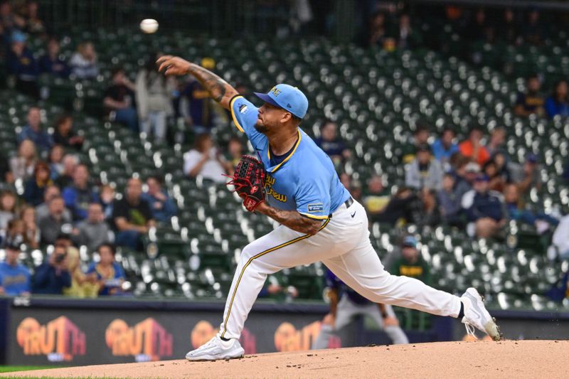 Sep 6, 2024; Milwaukee, Wisconsin, USA; Milwaukee Brewers starting pitcher Frankie Montas (47) pitches in the first inning against the Colorado Rockies at American Family Field. Mandatory Credit: Benny Sieu-Imagn Images