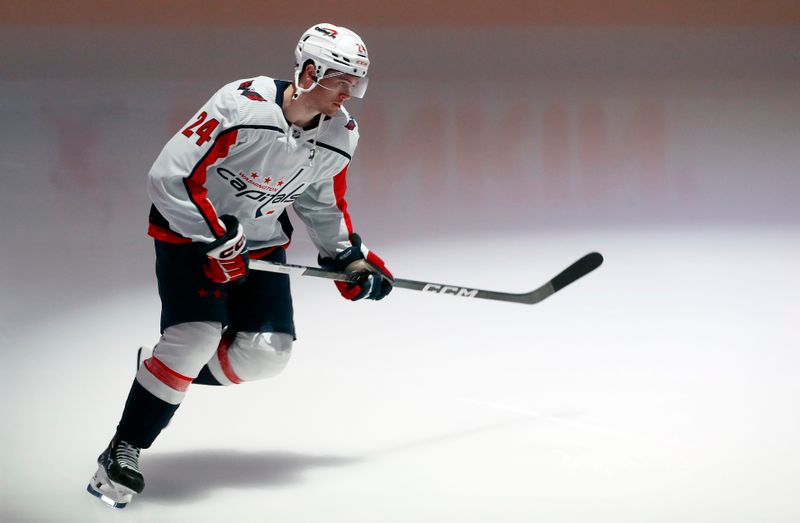 Mar 7, 2024; Pittsburgh, Pennsylvania, USA;  Washington Capitals center Connor McMichael (24) takes the ice to warm up before the game against the Pittsburgh Penguins at PPG Paints Arena. Mandatory Credit: Charles LeClaire-USA TODAY Sports