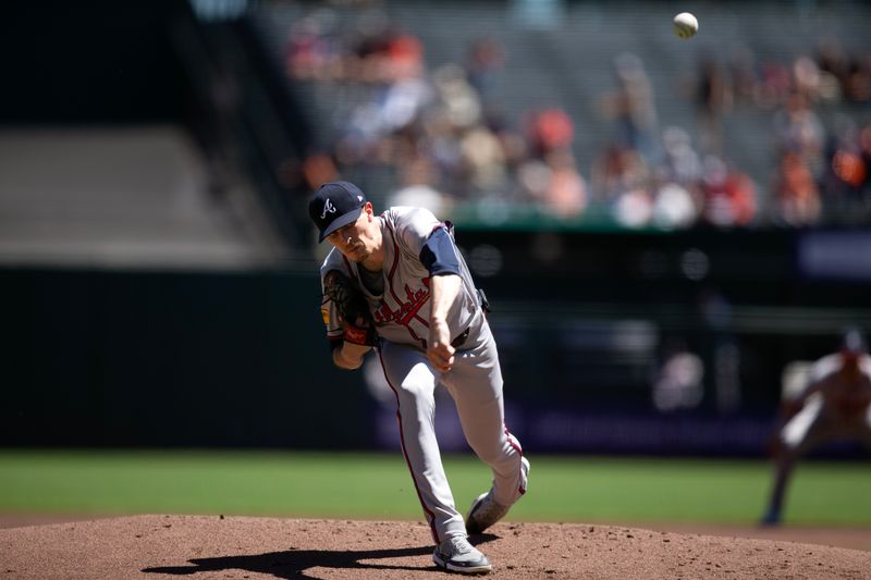 Aug 15, 2024; San Francisco, California, USA; Atlanta Braves pitcher starting Max Fried (54) delivers against the San Francisco Giants during the first inning at Oracle Park. Mandatory Credit: D. Ross Cameron-USA TODAY Sports