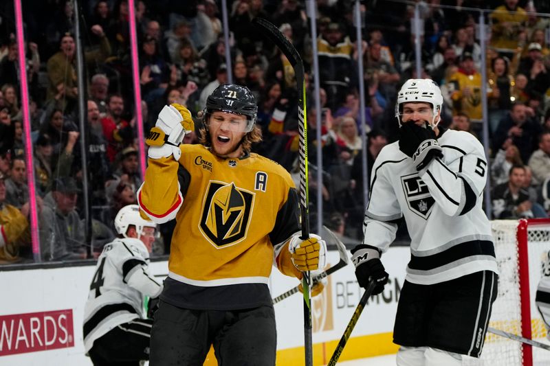 Dec 28, 2023; Las Vegas, Nevada, USA; Vegas Golden Knights center William Karlsson (71) celebrates after scoring a goal against the Los Angeles Kings during the second period at T-Mobile Arena. Mandatory Credit: Lucas Peltier-USA TODAY Sports