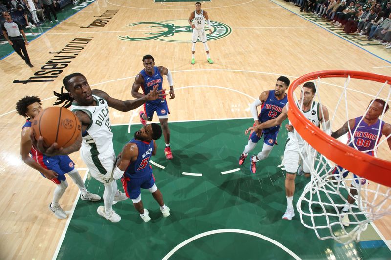 MILWAUKEE, WI - NOVEMBER 13: Taurean Prince #12 of the Milwaukee Bucks drives to the basket during the game against the Detroit Pistons on November 13, 2024 at the Fiserv Forum Center in Milwaukee, Wisconsin. NOTE TO USER: User expressly acknowledges and agrees that, by downloading and or using this Photograph, user is consenting to the terms and conditions of the Getty Images License Agreement. Mandatory Copyright Notice: Copyright 2024 NBAE (Photo by Gary Dineen/NBAE via Getty Images).