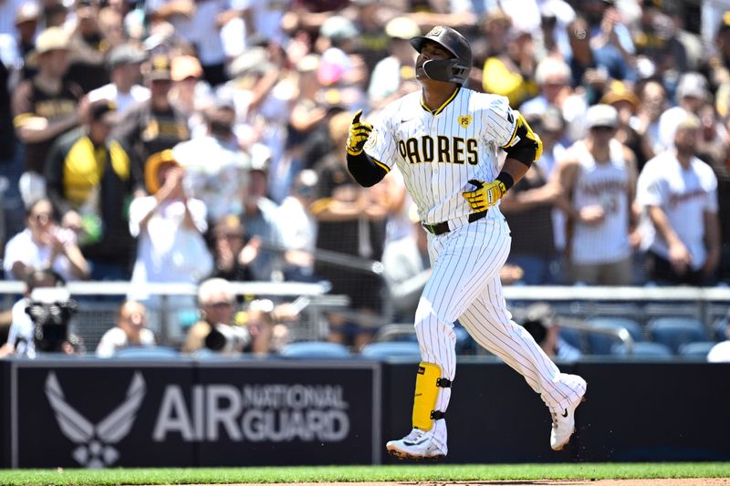 Jun 12, 2024; San Diego, California, USA; San Diego Padres third baseman Donovan Solano (39) rounds the bases after hitting a home run against the Oakland Athletics during the second inning at Petco Park. Mandatory Credit: Orlando Ramirez-USA TODAY Sports