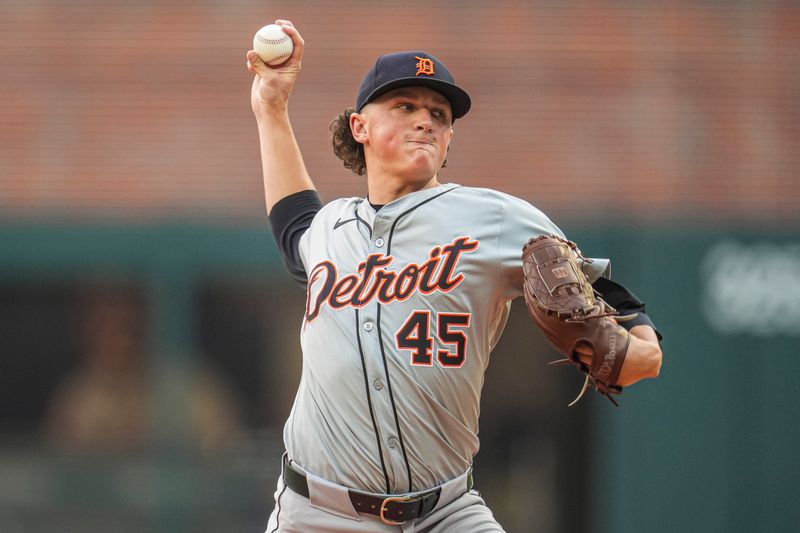 Jun 17, 2024; Cumberland, Georgia, USA; Detroit Tigers starting pitcher Reese Olson (45)   pitches against the Atlanta Braves during the first inning at Truist Park. Mandatory Credit: Dale Zanine-USA TODAY Sports