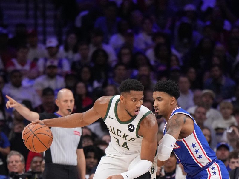 PHILADELPHIA, PA - OCTOBER 23: Giannis Antetokounmpo #34 of the Milwaukee Bucks dribbles the ball during the game against the Philadelphia 76ers on October 23, 2024 at the Wells Fargo Center in Philadelphia, Pennsylvania NOTE TO USER: User expressly acknowledges and agrees that, by downloading and/or using this Photograph, user is consenting to the terms and conditions of the Getty Images License Agreement. Mandatory Copyright Notice: Copyright 2024 NBAE (Photo by Jesse D. Garrabrant/NBAE via Getty Images)