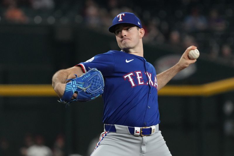 Sep 11, 2024; Phoenix, Arizona, USA; Texas Rangers pitcher Cody Bradford (61) throws against the Arizona Diamondbacks in the first inning at Chase Field. Mandatory Credit: Rick Scuteri-Imagn Images