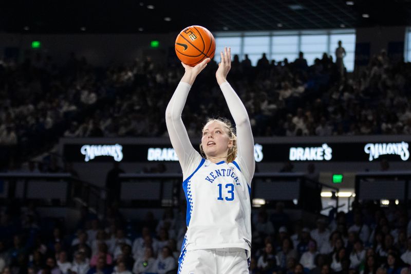 Mar 1, 2026; Lexington, Kentucky, USA; Kentucky Wildcats center Clara Strack (13) shoots a basket during the fourth quarter at Memorial Coliseum. Mandatory Credit: Arden Barnes-Imagn Images