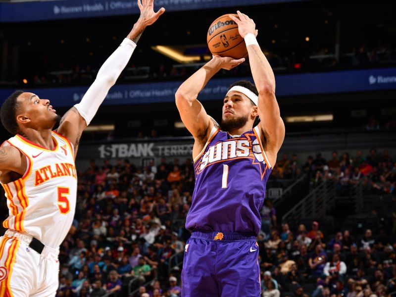 PHOENIX, AZ - MARCH 21:  Devin Booker #1 of the Phoenix Suns shoots the ball during the game  on March 21, 2024 at Footprint Center in Phoenix, Arizona. NOTE TO USER: User expressly acknowledges and agrees that, by downloading and or using this photograph, user is consenting to the terms and conditions of the Getty Images License Agreement. Mandatory Copyright Notice: Copyright 2024 NBAE (Photo by Barry Gossage/NBAE via Getty Images)