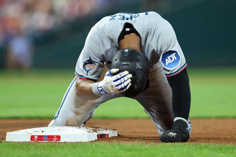 Sep 25, 2025; Philadelphia, Pennsylvania, USA; Miami Marlins second base Otto Lopez (6) reacts after being caught off base for an out during the fourth inning against the Philadelphia Phillies at Citizens Bank Park. Mandatory Credit: Bill Streicher-Imagn Images