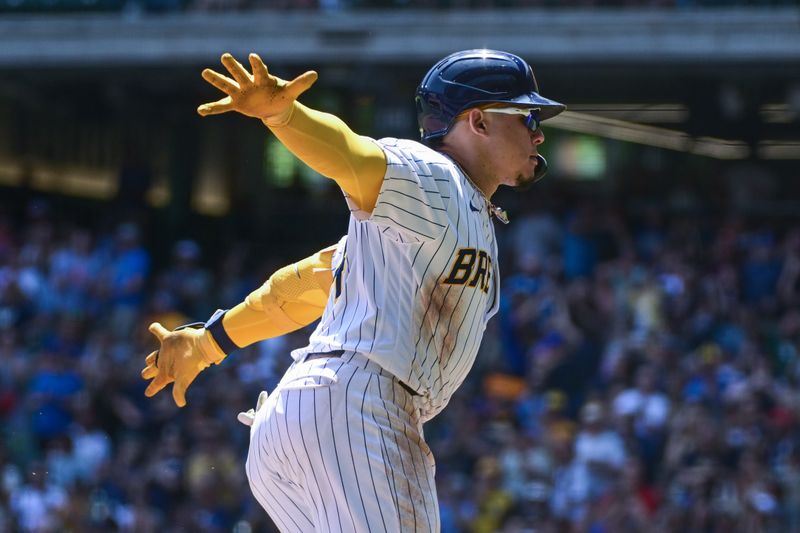 May 28, 2023; Milwaukee, Wisconsin, USA;  Milwaukee Brewers catcher William Contreras (24) reacts after hitting a two-run home run against the San Francisco Giants in the second inning  at American Family Field. Mandatory Credit: Benny Sieu-USA TODAY Sports