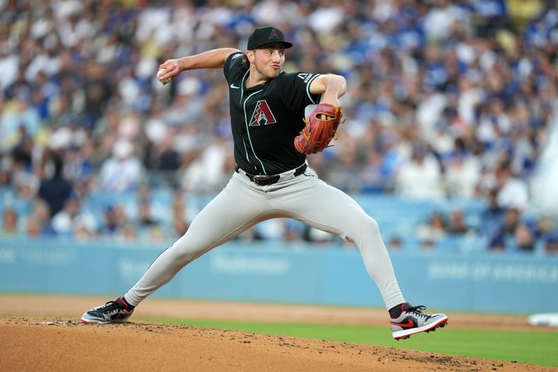 May 21, 2024; Los Angeles, California, USA; Arizona Diamondbacks pitcher Brandon Pfaadt (32) throws in the first inning against the Los Angeles Dodgers at Dodger Stadium. Mandatory Credit: Kirby Lee-USA TODAY Sports