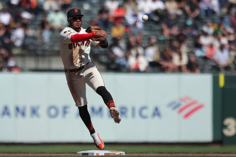 Sep 13, 2023; San Francisco, California, USA; San Francisco Giants second baseman Thairo Estrada (39) throws the ball to first during the eighth inning against the Cleveland Guardians at Oracle Park. Mandatory Credit: Sergio Estrada-USA TODAY Sports