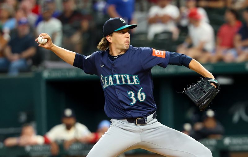 Jun 27, 2025; Arlington, Texas, USA;  Seattle Mariners starting pitcher Logan Gilbert (36) throws during the first inning against the Texas Rangers at Globe Life Field. Mandatory Credit: Kevin Jairaj-Imagn Images