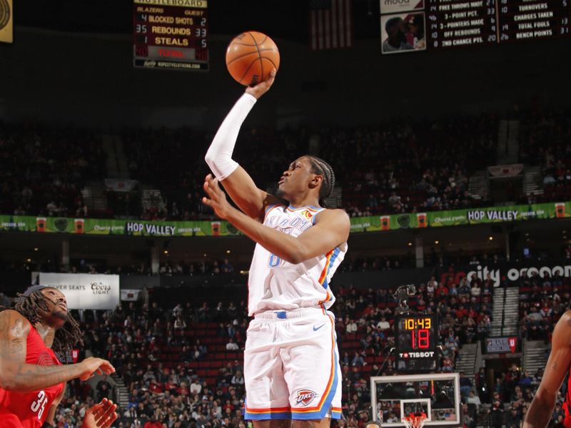 PORTLAND, OR - JANUARY 26: Jalen Williams #8 of the Oklahoma City Thunder shoots the ball during the game against the Portland Trail Blazers on January 26, 2025 at the Moda Center Arena in Portland, Oregon. NOTE TO USER: User expressly acknowledges and agrees that, by downloading and or using this photograph, user is consenting to the terms and conditions of the Getty Images License Agreement. Mandatory Copyright Notice: Copyright 2025 NBAE (Photo by Cameron Browne/NBAE via Getty Images)