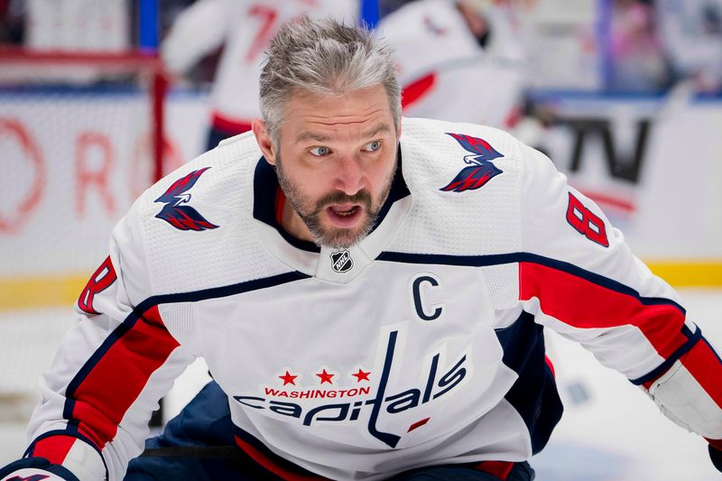 Mar 16, 2024; Vancouver, British Columbia, CAN; Washington Capitals forward Alex Ovechkin (8) skates during warm up prior to a game against the Vancouver Canucks at Rogers Arena.  Mandatory Credit: Bob Frid-USA TODAY Sports