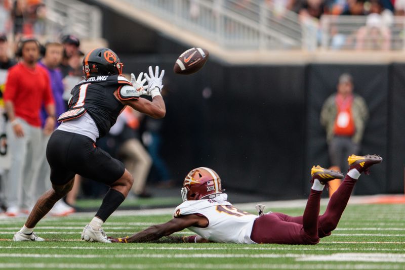 Nov 2, 2024; Stillwater, Oklahoma, USA; Oklahoma State Cowboys wide receiver De'Zhaun Stribling (1) reaches for a reception during the second quarter against the Arizona State Sun Devils at Boone Pickens Stadium. Mandatory Credit: William Purnell-Imagn Images