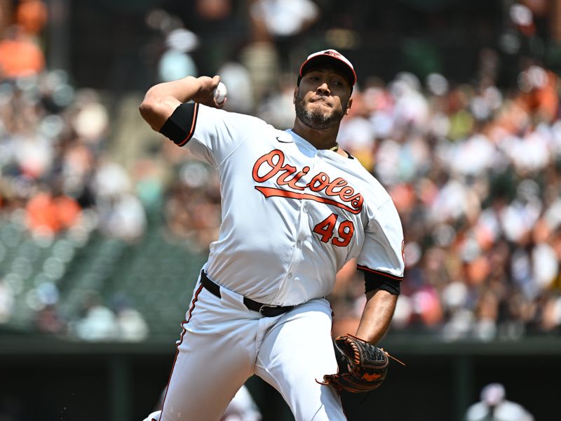 Jul 28, 2024; Baltimore, Maryland, USA;  Baltimore Orioles starting pitcher Albert Suarez (49) delivers a first inning pitch against the San Diego Padres at Oriole Park at Camden Yards. Mandatory Credit: James A. Pittman-USA TODAY Sports