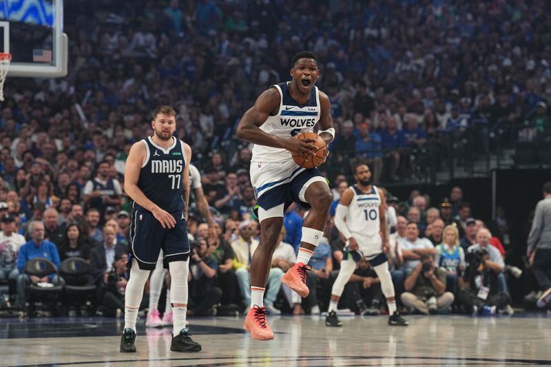 DALLAS, TX - MAY 28: Anthony Edwards #5 of the Minnesota Timberwolves handles the ball during the game against the Dallas Mavericks during Game 4 of the Western Conference Finals of the 2024 NBA Playoffs on May 28, 2024 at the American Airlines Center in Dallas, Texas. NOTE TO USER: User expressly acknowledges and agrees that, by downloading and or using this photograph, User is consenting to the terms and conditions of the Getty Images License Agreement. Mandatory Copyright Notice: Copyright 2024 NBAE (Photo by Glenn James/NBAE via Getty Images)