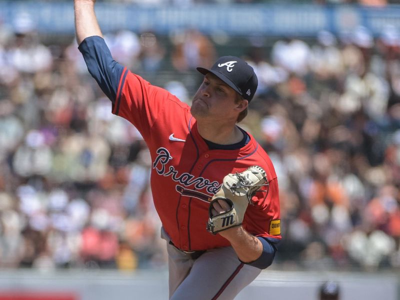 Jun 7, 2025; San Francisco, California, USA;  Atlanta Braves pitcher Bryce Elder (55) throws a pitch against the San Francisco Giants during the first inning at Oracle Park. Mandatory Credit: Ed Szczepanski-Imagn Images