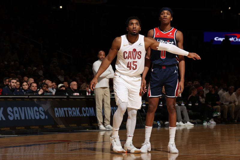 WASHINGTON, DC -? FEBRUARY 7: Donovan Mitchell #45 of the Cleveland Cavaliers boxes out against Bilal Coulibaly #0 of the Washington Wizards during the game on February 7, 2024 at Capital One Arena in Washington, DC. NOTE TO USER: User expressly acknowledges and agrees that, by downloading and or using this Photograph, user is consenting to the terms and conditions of the Getty Images License Agreement. Mandatory Copyright Notice: Copyright 2024 NBAE (Photo by Stephen Gosling/NBAE via Getty Images)