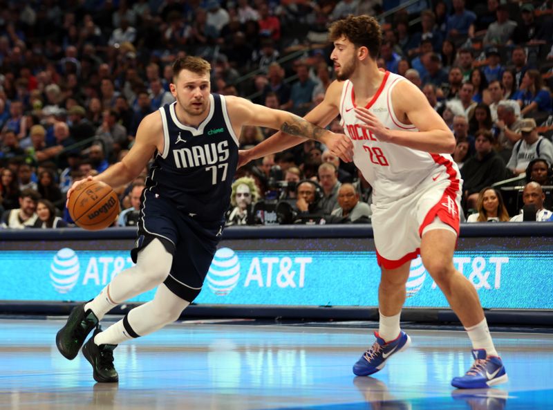 DALLAS, TEXAS - OCTOBER 31: Luka Doncic #77 of the Dallas Mavericks drives to the basket against Alperen Sengun #28 of the Houston Rockets in the first half of a basketball game at American Airlines Center on October 31, 2024 in Dallas, Texas. NOTE TO USER: User expressly acknowledges and agrees that, by downloading and or using this photograph, User is consenting to the terms and conditions of the Getty Images License Agreement. (Photo by Richard Rodriguez/Getty Images)