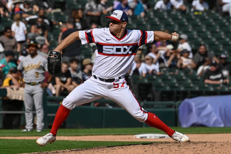 Aug 27, 2023; Chicago, Illinois, USA;  Chicago White Sox relief pitcher Tanner Banks (57) delivers the ball against the Oakland Athletics during the ninth inning at Guaranteed Rate Field. Mandatory Credit: Matt Marton-USA TODAY Sports