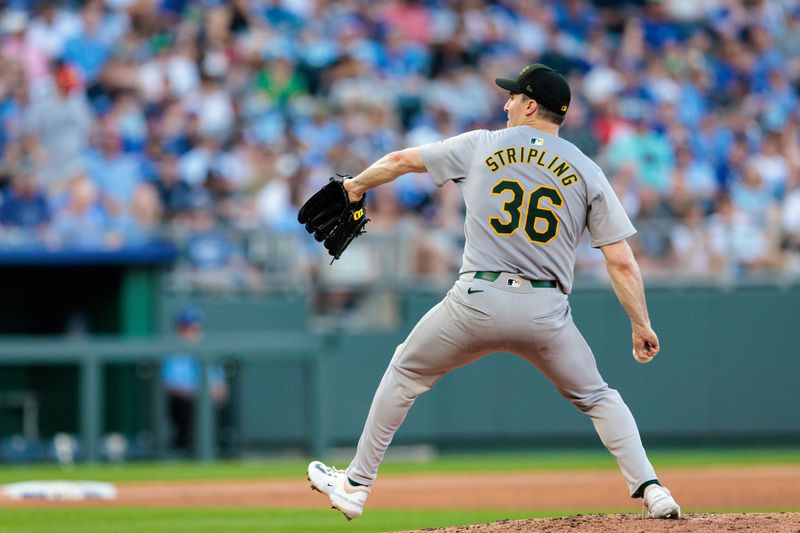 May 18, 2024; Kansas City, Missouri, USA; Oakland Athletics pitcher Ross Stripling (36) on the mound during the fifth inning against the Kansas City Royals at Kauffman Stadium. Mandatory Credit: William Purnell-USA TODAY Sports