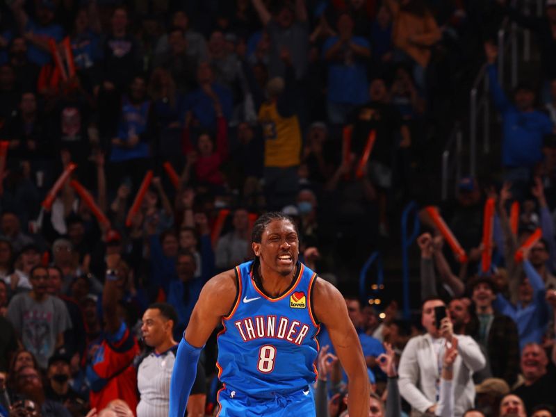 OKLAHOMA CITY, OK - JANUARY 29: Jalen Williams #8 of the Oklahoma City Thunder celebrates during the game against the Minnesota Timberwolves on January 29, 2024 at Paycom Arena in Oklahoma City, Oklahoma. NOTE TO USER: User expressly acknowledges and agrees that, by downloading and or using this photograph, User is consenting to the terms and conditions of the Getty Images License Agreement. Mandatory Copyright Notice: Copyright 2024 NBAE (Photo by Zach Beeker/NBAE via Getty Images)