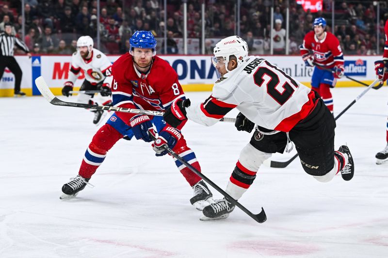 Jan 23, 2024; Montreal, Quebec, CAN; Montreal Canadiens defenseman Mike Matheson (8) defends against Ottawa Senators right wing Mathieu Joseph (21) during the first period at Bell Centre. Mandatory Credit: David Kirouac-USA TODAY Sports