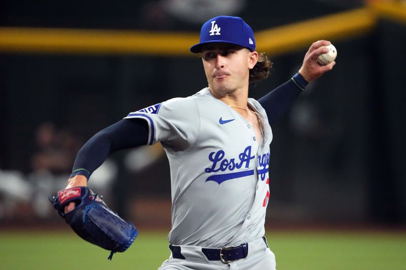 Sep 1, 2024; Phoenix, Arizona, USA; Los Angeles Dodgers pitcher Justin Wrobleski (70) pitches against the Arizona Diamondbacks during the first inning at Chase Field. Mandatory Credit: Joe Camporeale-USA TODAY Sports