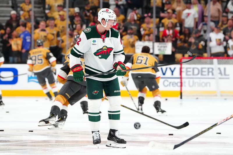 Apr 20, 2025; Las Vegas, Nevada, USA; Minnesota Wild left wing Matt Boldy (12) warms up before game one of the first round of the 2025 Stanley Cup Playoffs against the Vegas Golden Knights at T-Mobile Arena. Mandatory Credit: Stephen R. Sylvanie-Imagn Images
