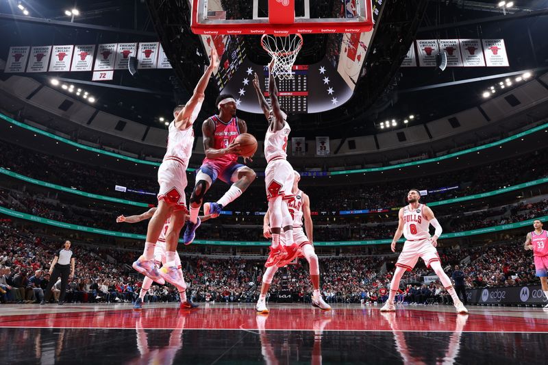 CHICAGO, IL - FEBRUARY 26: Bradley Beal #3 of the Washington Wizards looks to pass the ball during the game against the Chicago Bulls on February 26, 2023 at United Center in Chicago, Illinois. NOTE TO USER: User expressly acknowledges and agrees that, by downloading and or using this photograph, User is consenting to the terms and conditions of the Getty Images License Agreement. Mandatory Copyright Notice: Copyright 2023 NBAE (Photo by Jeff Haynes/NBAE via Getty Images)