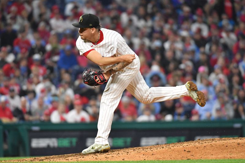 May 19, 2024; Philadelphia, Pennsylvania, USA; Philadelphia Phillies pitcher Orion Kerkering (50) throws a pitch during the ninth inning against the Washington Nationals at Citizens Bank Park. Mandatory Credit: Eric Hartline-USA TODAY Sports