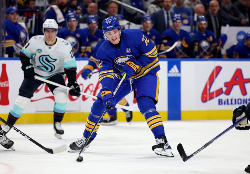 Jan 9, 2024; Buffalo, New York, USA;  Buffalo Sabres right wing Tage Thompson (72) looks to make a pass during the second period against the Seattle Kraken at KeyBank Center. Mandatory Credit: Timothy T. Ludwig-USA TODAY Sports