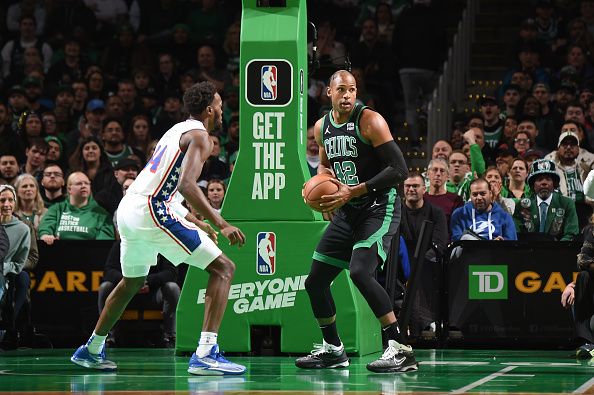 BOSTON, MA - DECEMBER 1: Al Horford #42 of the Boston Celtics looks to pass the ball during the game against the Philadelphia 76ers on December 1, 2023 at the TD Garden in Boston, Massachusetts. NOTE TO USER: User expressly acknowledges and agrees that, by downloading and or using this photograph, User is consenting to the terms and conditions of the Getty Images License Agreement. Mandatory Copyright Notice: Copyright 2023 NBAE  (Photo by Brian Babineau/NBAE via Getty Images)