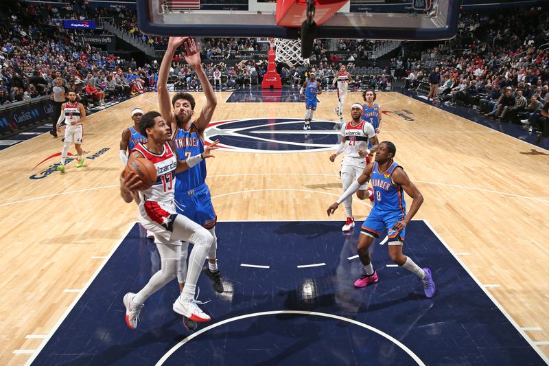 WASHINGTON, DC -? JANUARY 8: Jordan Poole #13 of the Washington Wizards drives to the basket during the game against the Oklahoma City Thunder on January 8, 2024 at Capital One Arena in Washington, DC. NOTE TO USER: User expressly acknowledges and agrees that, by downloading and or using this Photograph, user is consenting to the terms and conditions of the Getty Images License Agreement. Mandatory Copyright Notice: Copyright 2024 NBAE (Photo by Kenny Giarla/NBAE via Getty Images)