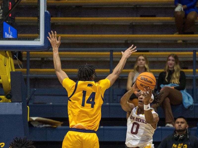 Feb 11, 2023; Berkeley, California, USA; Arizona State Sun Devils guard DJ Horne (0) passes the basketball against California Golden Bears forward Grant Newell (14) during the second half at Haas Pavilion. Mandatory Credit: Neville E. Guard-USA TODAY Sports