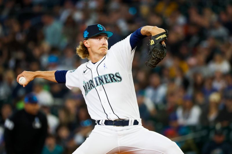 Jun 18, 2023; Seattle, Washington, USA; Seattle Mariners starting pitcher Bryce Miller (50) throws against the Chicago White Sox during the first inning at T-Mobile Park. Mandatory Credit: Joe Nicholson-USA TODAY Sports