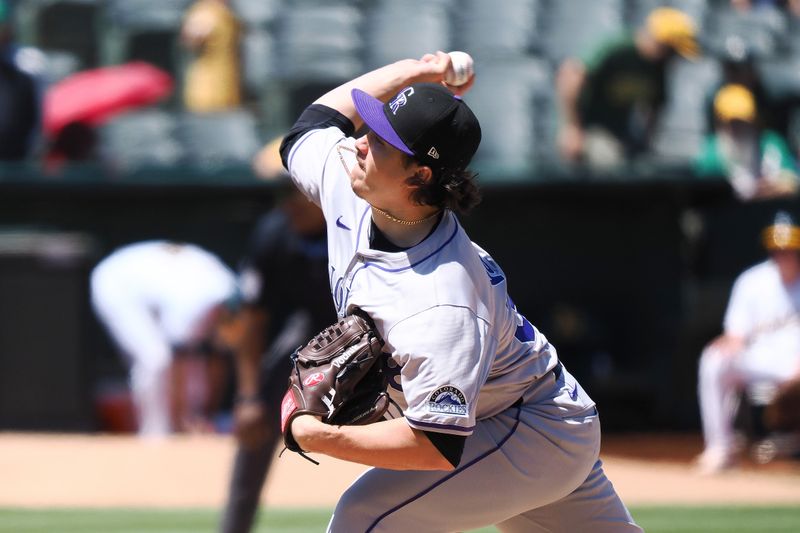 May 23, 2024; Oakland, California, USA; Colorado Rockies relief pitcher Victor Vodnik (38) pitches against the Oakland Athletics during the seventh inning at Oakland-Alameda County Coliseum. Mandatory Credit: Kelley L Cox-USA TODAY Sports