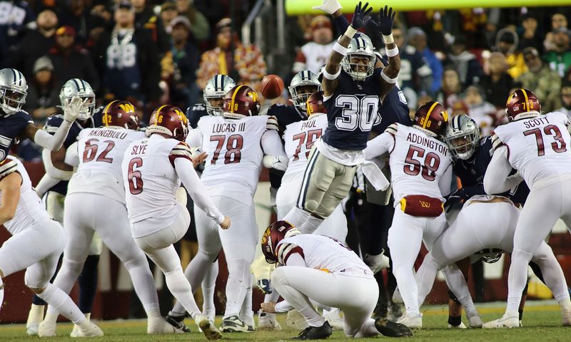 Washington Commanders place kicker Joey Slye (6) kicks during an NFL football game against the Dallas Cowboys, Sunday, January 7, 2024 in Landover, Md. (AP Photo/Daniel Kucin Jr.)