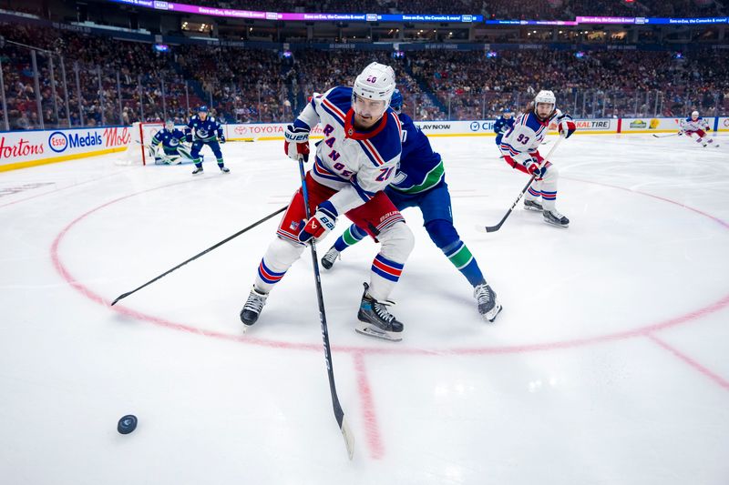 Nov 19, 2024; Vancouver, British Columbia, CAN; Vancouver Canucks forward Elias Pettersson (40) battles with New York Rangers forward Chris Kreider (20) during the first period at Rogers Arena. Mandatory Credit: Bob Frid-Imagn Images