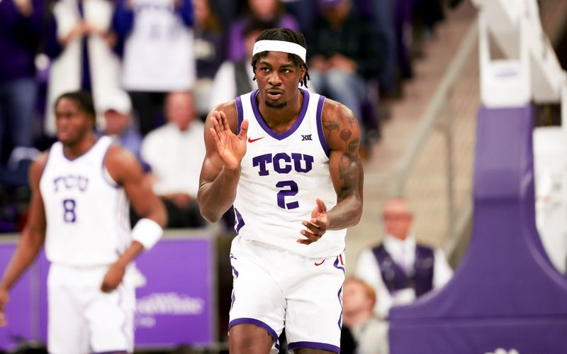 Jan 13, 2024; Fort Worth, Texas, USA;  TCU Horned Frogs forward Emanuel Miller (2) reacts after scoring during the first half against the Houston Cougars at Ed and Rae Schollmaier Arena. Mandatory Credit: Kevin Jairaj-USA TODAY Sports