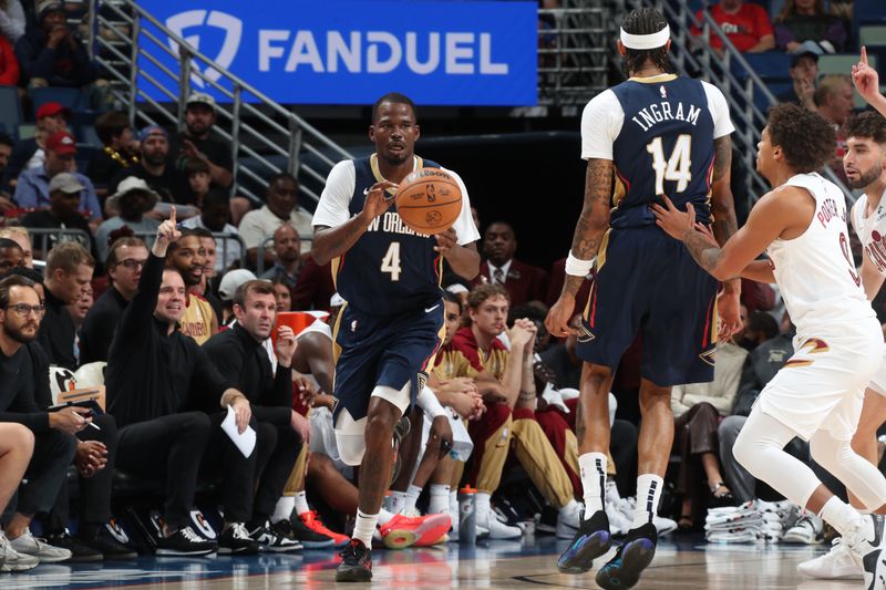 NEW ORLEANS, LA - NOVEMBER 6: Javonte Green #4 of the New Orleans Pelicans passes the ball during the game against the Cleveland Cavaliers on November 6, 2024 at the Smoothie King Center in New Orleans, Louisiana. NOTE TO USER: User expressly acknowledges and agrees that, by downloading and or using this Photograph, user is consenting to the terms and conditions of the Getty Images License Agreement. Mandatory Copyright Notice: Copyright 2024 NBAE (Photo by Layne Murdoch Jr./NBAE via Getty Images)