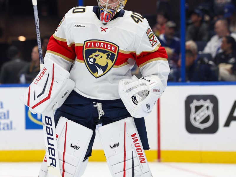 Oct 2, 2025; Tampa, Florida, USA; Florida Panthers goaltender Daniil Tarasov (40) looks on during a game against the Tampa Bay Lightning in the first period at Benchmark International Arena. Mandatory Credit: Nathan Ray Seebeck-Imagn Images